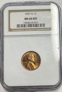 Very Nice 1957-D Lincoln Wheat Cent   NGC MS66 RD   Free US Shipping - Picture 1 of 2