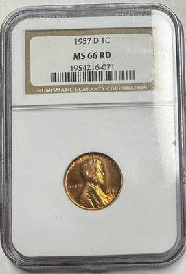 Very Nice 1957-D Lincoln Wheat Cent   NGC MS66 RD   Free US Shipping - Image 1 of 2