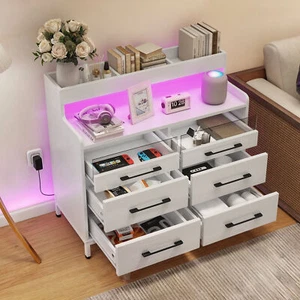 6-Drawers Dresser with LED Bedside Wood Storage Cabinet Chests Organizer Bedroom - Picture 1 of 12