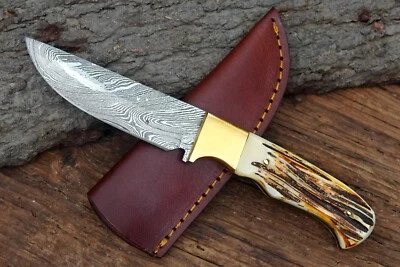 SHARD CUSTOM Hand Forged Damascus Camping Hunting Knife Burnt Bone Handle+Sheath - Image 1 of 4
