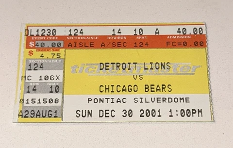 12/30/01 Detroit Lions Chicago Bears NFL Rivalry Pontiac Silverdome Ticket Stub Cover