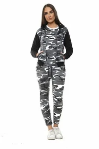Ladies Activewear Army Camo Tracksuit Set 3 Pieces Hoodie Shirt Joggers Outfit - Picture 1 of 7