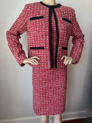 NUEVO CON ETIQUETAS St John Tejido Talla 16 Vestido y Chaqueta Traje Rojo Negro Tweed Foto 1 de 4