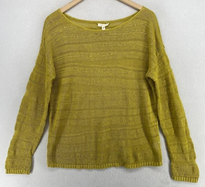 EILEEN FISHER Sweater M Organic Linen Striped Jacquard Boat Neck Pullover Yellow - Image 1 of 4