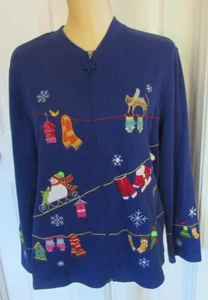 Onque Casuals Zip Cardigan Blue Sweater Snowman Christmas Theme size L - Picture 1 of 4