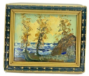 Morris Katz Oil Painting Wavy Ocean Trees w/ Sky Background 12X10" 80's Art - Picture 1 of 11