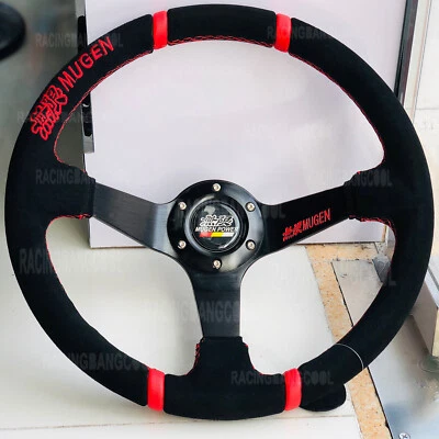 14'' Deep Dish Mugen Car Suede Leather Racing 4 Red Ring Sport Steering Wheel - Image 1 of 4