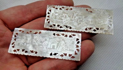 PAR DE CONTADORES DE JUEGO CHINOS QING/REPÚBLICA MADREPERLA VILLAGE & BIRDS Foto 1 de 4