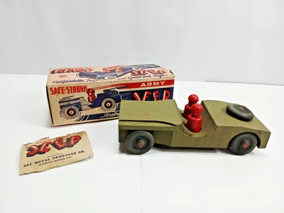 Jeep de madera del ejército de la Segunda Guerra Mundial juguetes Wyandotte de colección con caja original y 2 soldados Foto 1 de 4