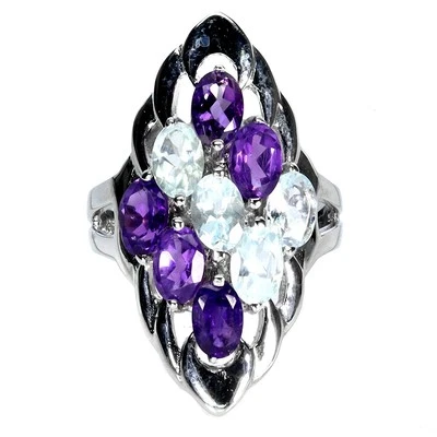 925 Anello Argento Sterling Ovale Acquamarina 6x4mm Ametista Gemma Misura 9 - Immagine 1 di 4