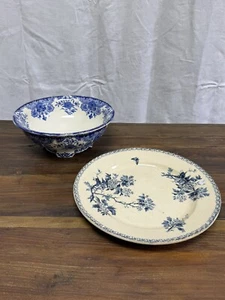 Two Large Blue Floral Serving Dishes Salad Bowl And Platter - Picture 1 of 3