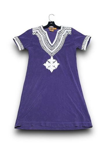 Abito donna Tory Burch viola manica corta taglia XS X Small maglia ricamato