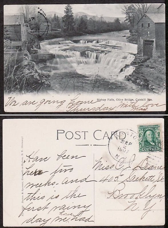 Postal F017 Falls EE. UU., Bishop Falls, Olive Bridge, Catskill Mts. 02 de septiembre. 1907 Foto 1 de 1