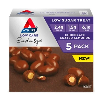 Atkins Low Carb Endulge Chocolate Coated Almonds 5 x 30g (150g) Low Sugar Treat - Image 1 of 2