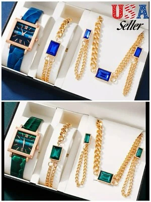 Exquisito reloj de cuarzo y elegante conjunto de joyas de laboratorio de esmeralda/zafiro tono dorado Foto 1 de 4