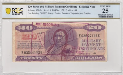 U.S. MILITARY PAYMENT CERTIFICATE $20  SERIES 692. VF25. EVIDENCE VOID STAMP - Image 1 of 2