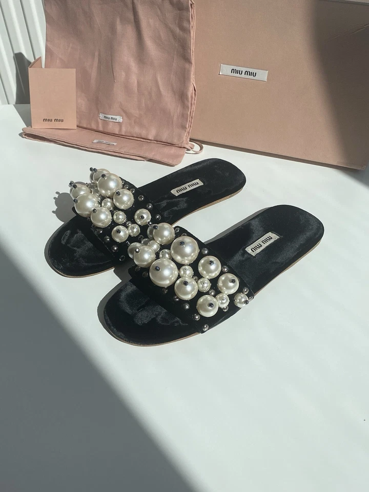 Miu Miu Velvet Slide Flats Embellished Pearly Women US6.5 - Image 1 of 4