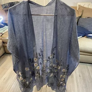 Kimono Womens OS Floral Chambray Embroidered Open Cardigan Drape Dolman Blue - Picture 1 of 8