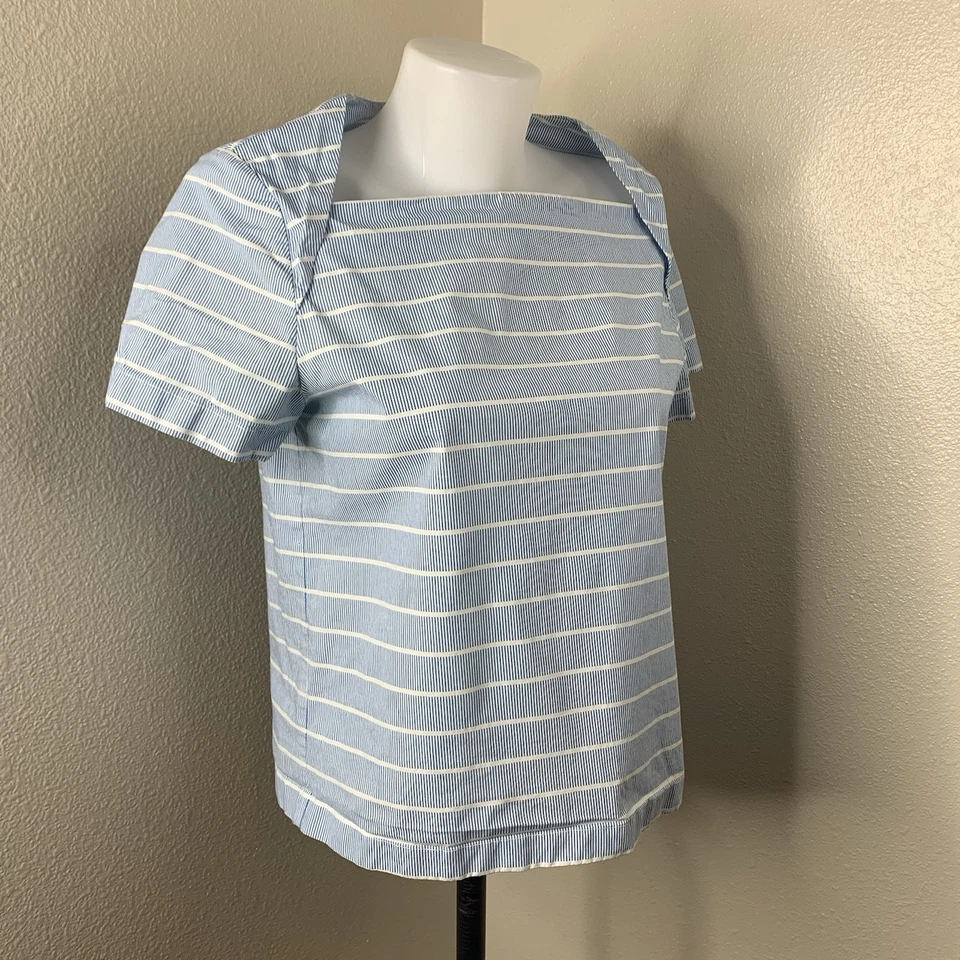 Blusa Kate Spade Saturday Let Loose Top Talla M Azul Claro Blanco Rayas Cuello Sin Cordones Foto 1 de 4