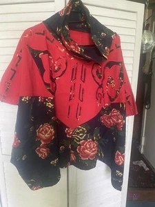 Mongolian Red and Navy Cotton Floral Print Top with Embroidery - Picture 1 of 9