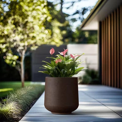 15,5 pulgadas Maceta/maceta redonda grande de hormigón marrón terroso con orificios de drenaje Foto 1 de 4