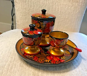 VTG Russian Condiment Set Golden Red Black Khokhloma Lacquered 5 piece - Picture 1 of 9