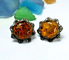 Vintage BALTIC AMBER Sterling Silver 925 Clip On Earrings Art Deco Poland
