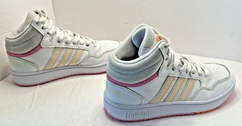 NUOVA scarpa da basket Adidas HOOPS MID 3.0 K per ragazzi taglia 4 bianco rosa HP6158