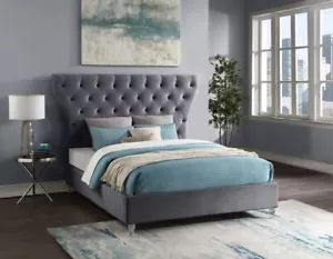 Modern Gray Tufted Velvet Platform Bed with Acrylic Legs - California King - Picture 1 of 10