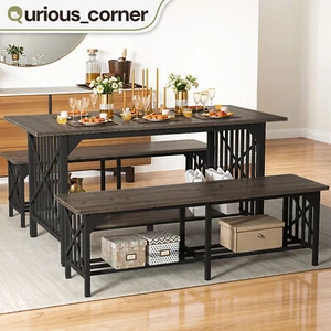 63" Large Dining Table 2 Benches for 6 People Seat Wood Kitchen Room Dinette Set - Picture 1 of 11