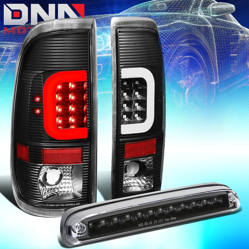 FIT 99-07 FORD SUPER DUTY 3D LED C-BAR LANTERNA TRASEIRA + TERCEIRA LÂMPADA DE FREIO PRETA/CLARA - Imagem 1 de 4