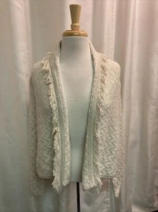 Billabong Open Front Cardigan Sweater Fringe Womens Sz L Ivory - Picture 1 of 6