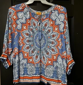 Blusa Campesina Talla XL Azul Estampado Medallón Borlas Corbata Mangas 3/4 Rubí Carretera - Imagen 1 de 6