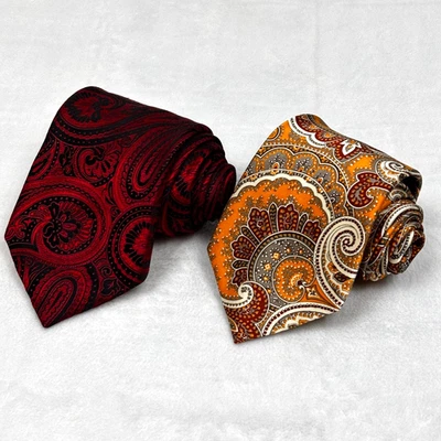 Lote de 2 Corbatas Condesa Mara 100% Seda Para Hombre Rojo Naranja Paisley Corona Logo Foto 1 de 4