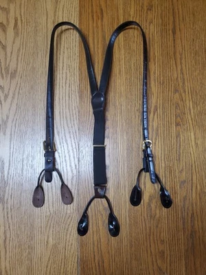 Classic Suspenders, Brown Leather/ Elastic Gold Hardware,  Attached to Buttons - Image 1 of 4