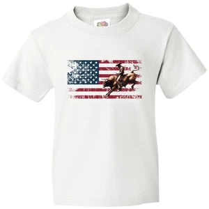 Inktastic Rodeo Bull Riding Patriotic Youth T-Shirt Rider Us Vintage Distressed - Picture 1 of 4