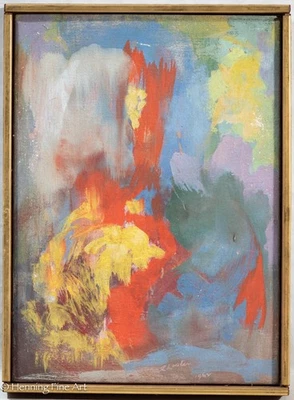 Impresionante pintura al óleo colorida expresionista de mediados de siglo firmada ilegalmente, 1962 Foto 1 de 4