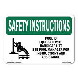 Pool Is Equipped With Handicap OSHA Safety Instructions Sign Metal Plastic Decal - Picture 1 of 5