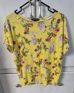 Lauren Ralph Lauren Womens L Yellow Floral Boat Neck Linen Blend Blouse Top - Picture 1 of 5