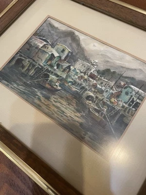 Vintage Chin Chung Watercolor Painting – Signed Harbor Scene with Boats – Framed - Image 1 of 4