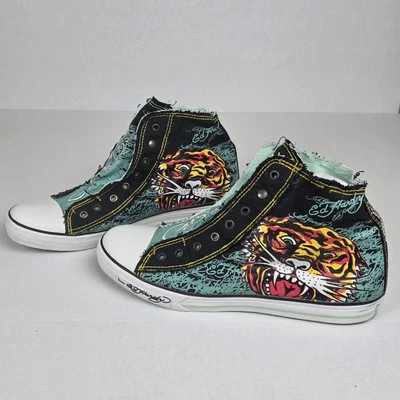 Ed Hardy 运动鞋男式 13 黑色高帮咆哮老虎印花无痕 — 第 1/4 张图片