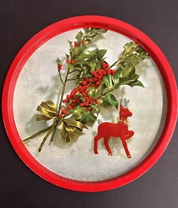 Metal Christmas Round Serving Tray Flocked Red Reindeer Holly Bundle 10" Vintage - Picture 1 of 9