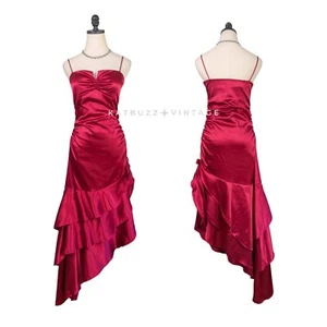 Vintage Nites Prom Dress Midi Maxi Gown 10 Red Ruffle Glam Satin Rhinestone Bow - Picture 1 of 10