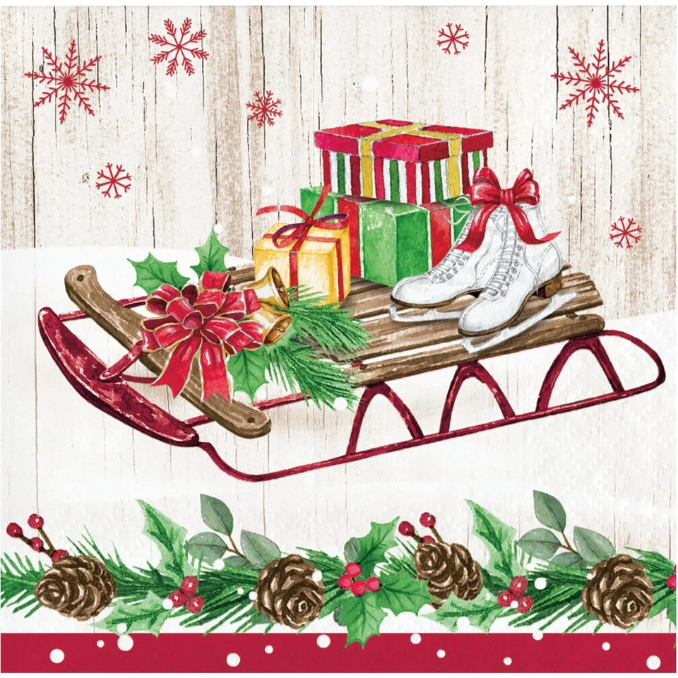 Vintage Christmas Sled 16 Ct Beverage Cocktail Napkins - Image 1 of 1