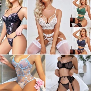 Lingerie for Women Lace Sexy Sleepwear Teddy Bodysuit Babydoll Bra Panty Set - Picture 1 of 42