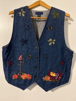 Vintage 90s Y2K Karen Scott Denim Vest Teacher Fall Autumn Harvest Pumpkin L - Image 1 of 4