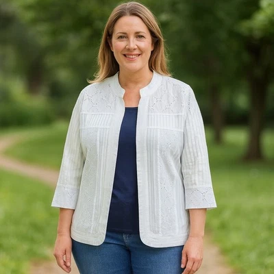 TanJay Jacket NWT 12 Petite White Floral Eyelet Pleated Open Front 3/4 Sleeve - Image 1 of 4