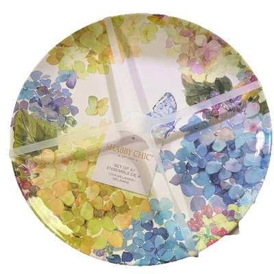 Shabby Chic Blue Hydrangea Butterfly FLORAL  MELAMINE  Dinner Plates Set 4 NEW - Image 1 of 4
