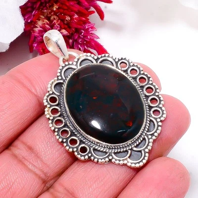 Piedra de sangre / Heliotropo - África 925 plata esterlina colgante Bali 1,76" Sku21 Foto 1 de 4