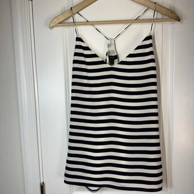 NUEVO CON ETIQUETAS J.CREW 100% Seda Talla 2 Halter Camisola Cuello en V Azul Marino Blanco Rayas $98! Foto 1 de 4
